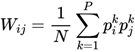 $$\begin{equation}<br />
W_{ij} = \frac{1}{N} \sum_{k=1}^{P} p_i^k p_j^k<br />
\end{equation}$$